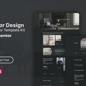 May include: Dark gray graphic with the text "Interior Design Elementor Template Kit" and "Elementor Free". The image shows a website design with interior design themes, including furniture and room aesthetics.