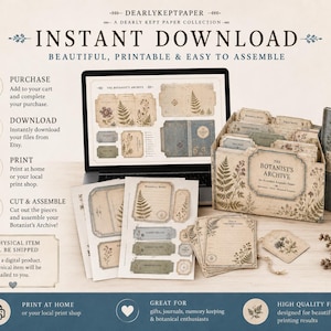 May include: A digital printable kit titled The Botanist's Archive featuring botanical illustrations of ferns and flowers on aged paper. The set includes a storage box, file folders, and cards displayed on a laptop screen and printed on paper sheets.