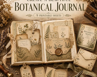 Może przedstawiać: Zestaw dziewięciu arkuszy do druku do dziennika botanicznego na papierze w stylu vintage z ilustracjami paproci i polnych kwiatów, zawierający zawieszki, koperty i etykiety z napisami takimi jak Botanist's Notes i Greenhouse Archive.