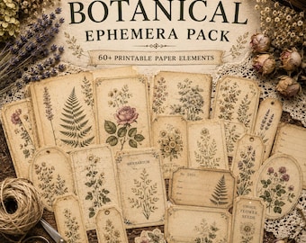 Może przedstawiać: Kolekcja botanicznych papierowych efemeryd w stylu vintage, zawierająca ponad 60 elementów do druku z ilustracjami kwiatów i paproci na postarzanym, fakturowanym papierze. Zestaw zawiera różne prostokątne i owalne etykiety z nadrukami.