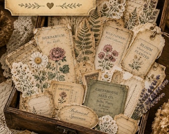 Zestaw Vintage Botanical Ephemera | Herbarium, Suszone Kwiaty, Etykiety (Pobranie Cyfrowe)