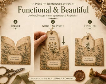 May include: A three-step instructional graphic showing a paper pocket assembly. The beige paper features a dark green fern pattern and the text There is beauty in every moment. A tag with a wildflower illustration is inserted into the pocket.