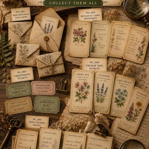 Può includere: Una collezione di ricordi in carta botanica intitolata The Pressed Garden, che comprende mini buste, bustine di semi vintage, biglietti per serre e note piegate con illustrazioni floreali, testo stampato e texture di carta invecchiata.