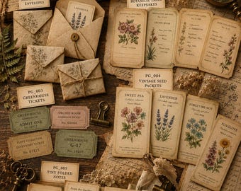 Może przedstawiać: Kolekcja botanicznych pamiątek papierowych zatytułowana The Pressed Garden, zawierająca mini koperty, zabytkowe torebki na nasiona, bilety do szklarni i składane notatki z ilustracjami kwiatów, tekstem i fakturą starego papieru.