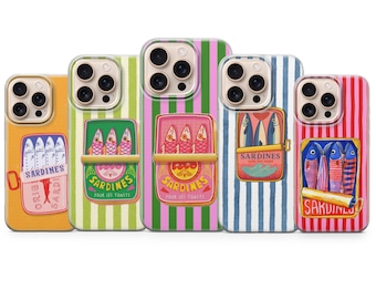 Custodia per telefono retrò Sardine con motivo a strisce e pesci divertenti per iPhone 17 Pro Max, 16e, 15, 14, 13 e Samsung S26 Ultra, S25 FE, A57, A56, Pixel 10, 9A
