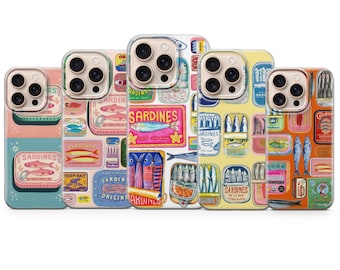 Custodia per telefono Retro Sardine: design divertente di un pesce, cover in TPU per iPhone 17 Pro Max, 16e, 15, 14, 12 e Samsung S25 Ultra, S24 FE, A56, Pixel 9 Pro 8