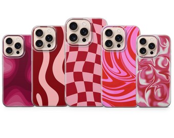 Y2K 渦巻き模様のスマホケース：ピンクレッドの抽象的なカバー。iPhone