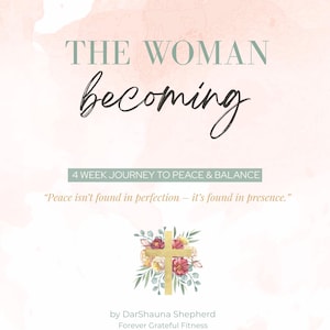 May include: A book cover with the title "THE WOMAN becoming" in a script font. The background is a watercolor wash of pink and peach tones. A gold cross is surrounded by flowers. Text reads "4 WEEK JOURNEY TO PEACE & BALANCE."