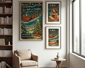 Vintage Santa Christmas Printable Bundle – Set of 3 Retro Holiday Wall Art Posters, Classic Santa Decor, Digital Download