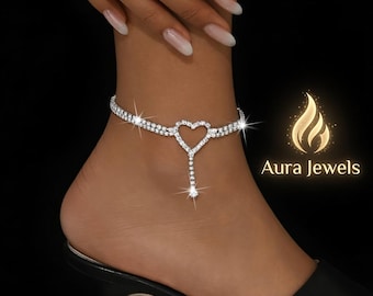 Pulsera tobillera de corazón de cristal, tobillera de diamantes de imitación plateados, delicada tobillera de cadena de corazón, joyería nupcial para los pies, regalo de tobillera de boda para mujer