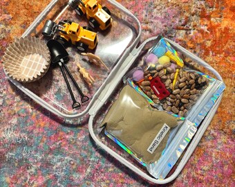 Personalized Construction Sensory Kit DELUXE | Extra Trucks + Shovels, Portable Busy Bin (Ages 3+)