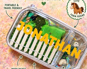 Personalized Farm Sensory Bin | Travel Friendly Mini Animals, Fence, Filler