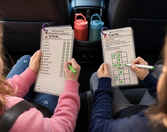 Kids Travel Games 2 Pack | Reusable Dry Erase I Spy & Activity Cards (4 Markers)