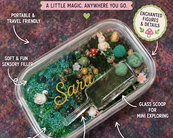 Mini Enchanted Garden Sensory Kit | Portable Travel Play Bin, Personalized Name Tag