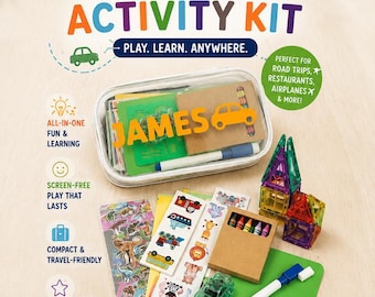 Personalized Kids Travel Activity Kit | Screen-Free Road Trip Toy, Busy Bag