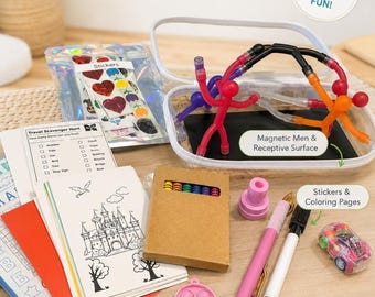 Personalized Kids Travel Kit | Magnetic Men, Screen-Free Busy Bag, Restaurant Activity Set