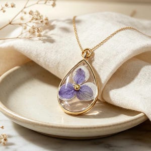 Pressed Hydrangea Resin Necklace, Gold Teardrop Botanical Pendant, Handmade Nature Jewelry