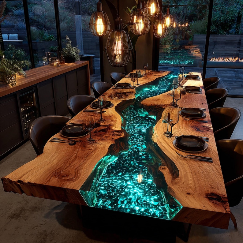 May include: A large, handcrafted wooden dining table with a river of glowing blue resin running through the center. The table is surrounded by black chairs and set with plates and glasses. Overhead, several pendant lights illuminate the scene.