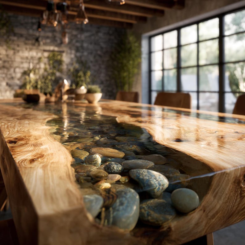 Pu&ograve; includere: Un tavolo da pranzo in legno fatto a mano con un design a fiume. Il tavolo presenta un centro in resina trasparente riempito di pietre lisce, creando un'estetica naturale. Il legno ha un tono caldo e naturale. Il tavolo &egrave; in una sala da pranzo.
