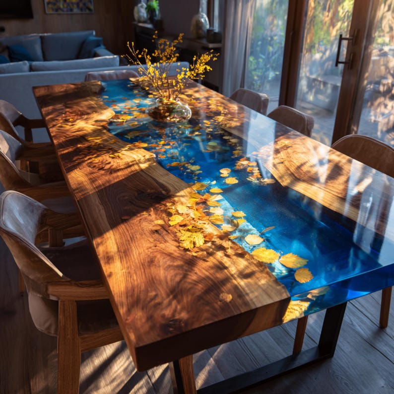 May include: A handcrafted wooden dining table with a blue resin river design. The table features a glossy finish, with embedded yellow leaves. The table is supported by black metal legs and surrounded by wooden chairs.