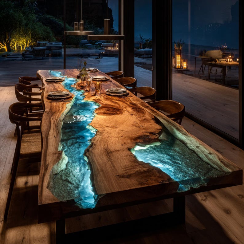 May include: A large, custom-made dining table with a live edge design. The table features a river of blue resin flowing through the center, creating a unique and artistic look. The table is surrounded by wooden chairs and set with plates and glasses.