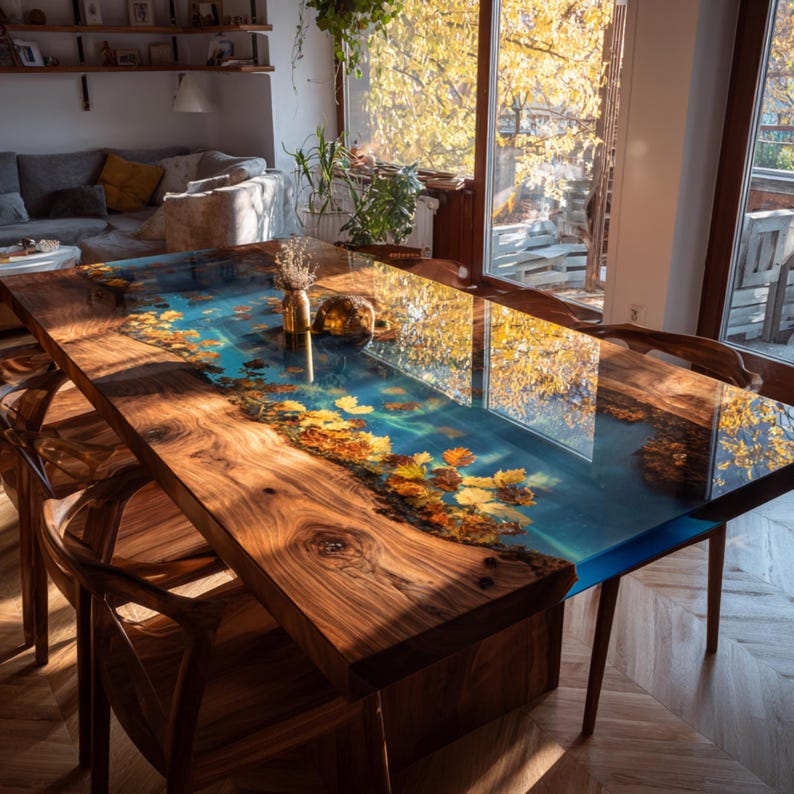 May include: A handcrafted wooden dining table with a blue epoxy river and embedded autumn leaves. The table is made of dark wood and has a glossy finish. The table is approximately 72 inches long.