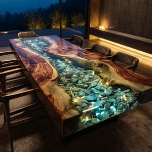 Pu&ograve; includere: Un grande tavolo da pranzo rettangolare con un design unico. Il tavolo presenta un piano in legno con un fiume di pietre blu-verdi racchiuse in resina trasparente. Il legno ha un colore marrone caldo naturale.