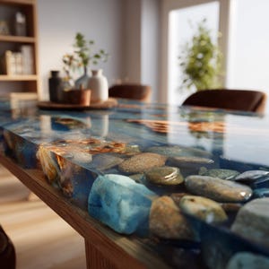 Pu&ograve; includere: Un tavolo da pranzo su misura con un design unico. Il piano del tavolo &egrave; realizzato in resina trasparente con pietre incorporate e una combinazione di colori blu e marrone. Il tavolo ha una base in legno e si trova in una sala da pranzo.