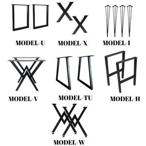 May include: A collection of black metal table legs in various designs. The image displays several models, including square, X-shaped, hairpin, and angled leg styles. Each design is labeled with a model name, such as "MODEL-U" and "MODEL-X".
