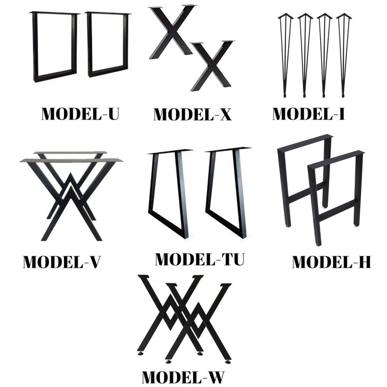 May include: A collection of black metal table legs in various designs. The image displays several models, including square, X-shaped, hairpin, and angled leg styles. Each design is labeled with a model name, such as "MODEL-U" and "MODEL-X".