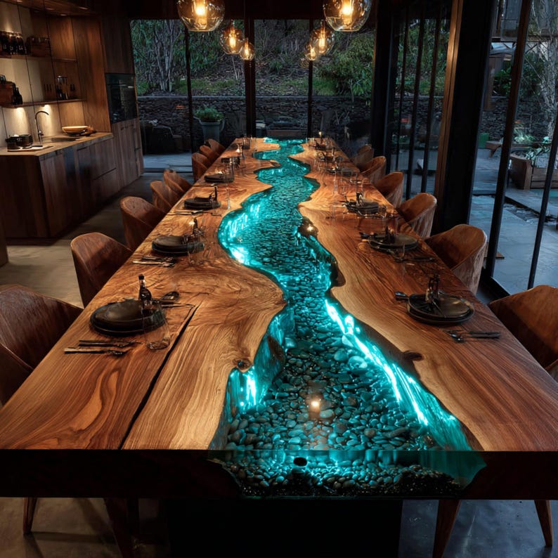 May include: A long, wooden dining table with a river-like design. The center of the table is filled with blue-lit resin and small stones, creating a unique visual effect. The table is surrounded by chairs and set with place settings.