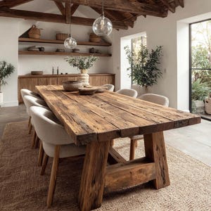 May include: A rustic, wooden dining table with a distressed finish, supported by thick, sturdy legs. The table is surrounded by light-colored upholstered chairs. The room features a neutral color palette, with wooden shelves and a woven rug, creating a warm, inviting dining space.