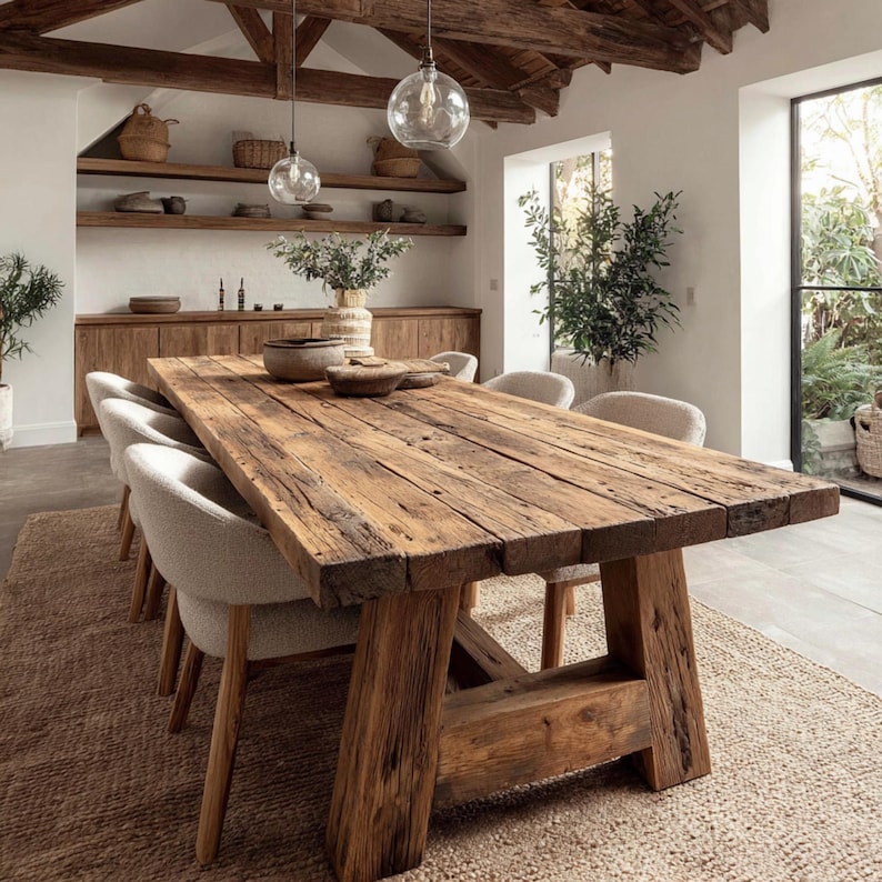 May include: A rustic, wooden dining table with a distressed finish, supported by thick, sturdy legs. The table is surrounded by light-colored upholstered chairs. The room features a neutral color palette, with wooden shelves and a woven rug, creating a warm, inviting dining space.
