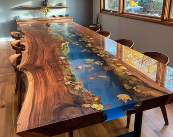 Handmade Live Edge Epoxy Dining Table, Custom Solid Wood & Resin