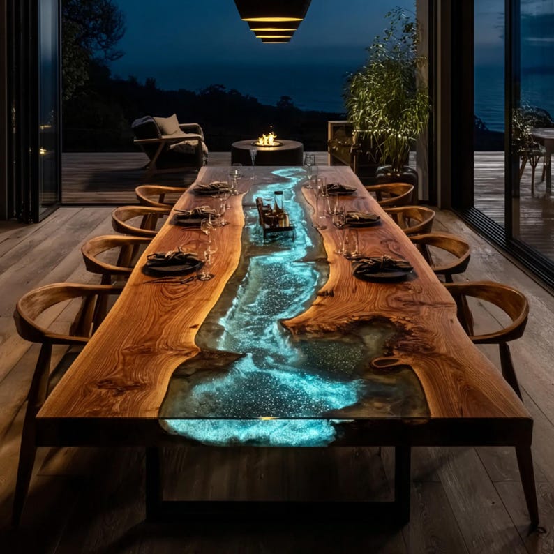 May include: A large, wooden dining table with a river of glowing blue resin running through the center. The table is surrounded by wooden chairs and set with dinnerware. The table is approximately 120 inches long.