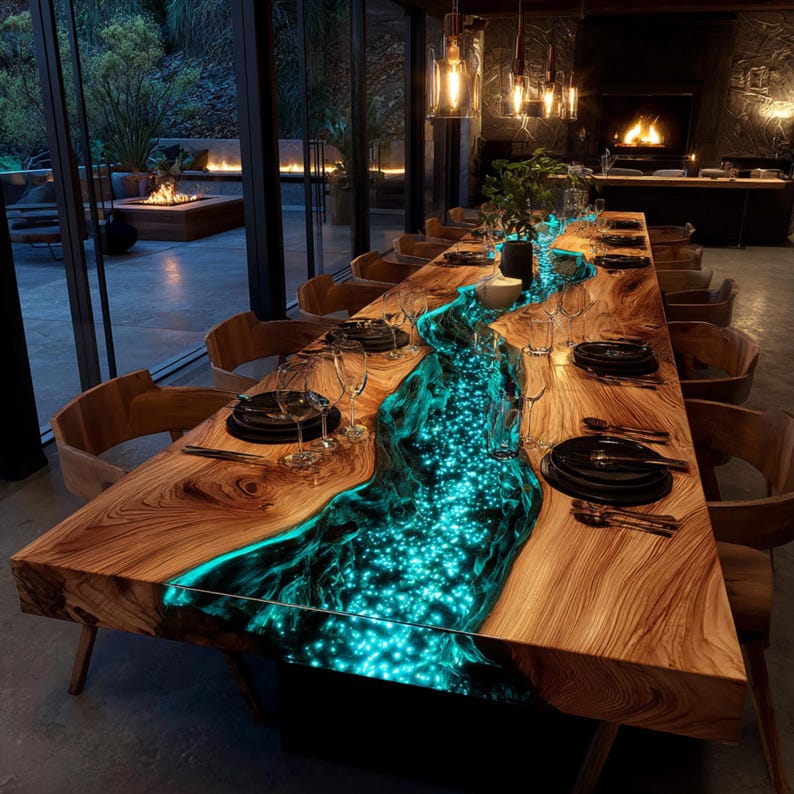 May include: A large wooden dining table with a glowing blue river of resin running down the center. The table is set with black plates, silverware, and glassware for multiple place settings. Wooden chairs surround the table.