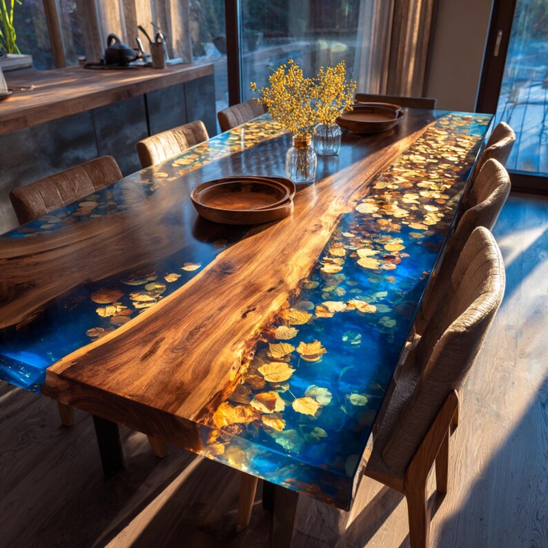 May include: A handcrafted wooden dining table with a blue resin river design, incorporating gold-colored leaf accents. The table is surrounded by upholstered chairs and set with wooden bowls and vases.