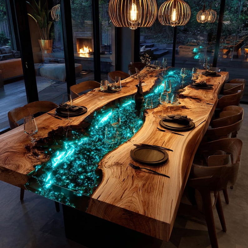 May include: A large, wooden dining table with a river of glowing blue resin running down the center. The table is surrounded by wooden chairs and set with plates, glasses, and silverware. Overhead, three decorative pendant lights hang from the ceiling.