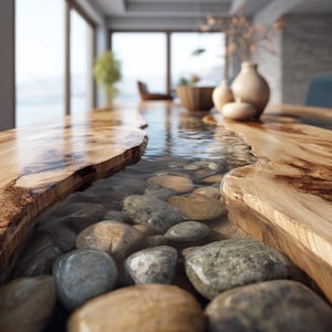 Pu&ograve; includere: Un tavolo in legno su misura con un design a fiume unico. Il tavolo presenta un bordo naturale, con un fiume di resina trasparente riempito di pietre lisce. Il legno ha una venatura naturale e toni caldi.