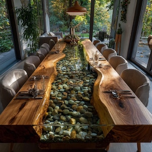 Pu&ograve; includere: Un grande tavolo da pranzo su misura con un design a bordo vivo. Il tavolo presenta un fiume di resina trasparente pieno di pietre lisce. Il piano del tavolo in legno &egrave; di colore marrone caldo e il tavolo &egrave; circondato da sedie imbottite.