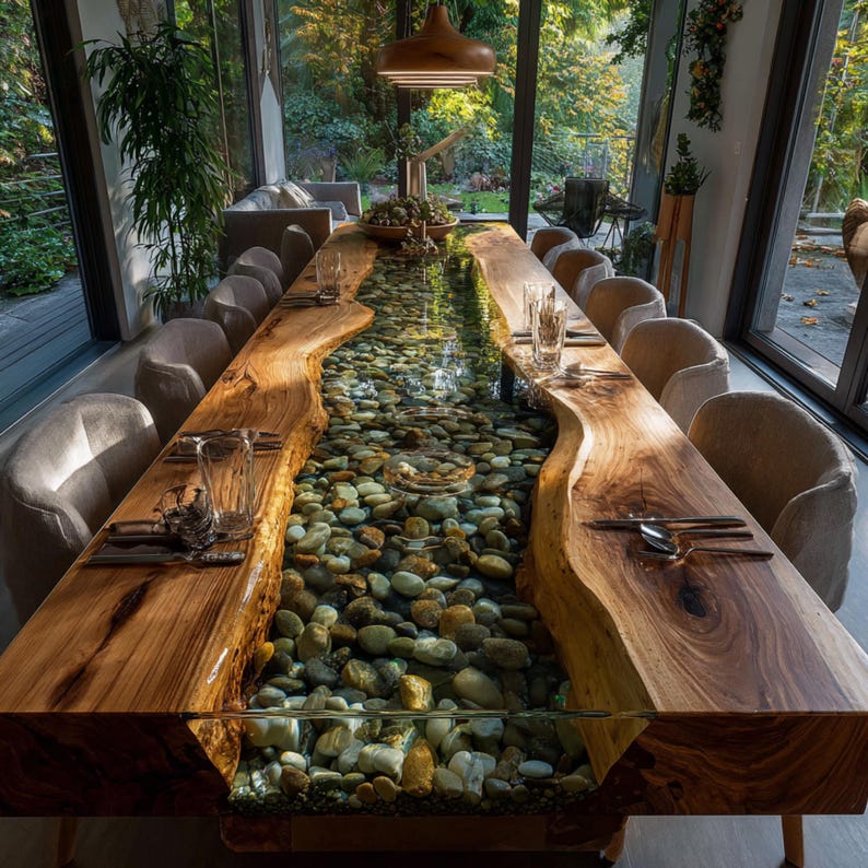Pu&ograve; includere: Un grande tavolo da pranzo su misura con un design a bordo vivo. Il tavolo presenta un fiume di resina trasparente pieno di pietre lisce. Il piano del tavolo in legno &egrave; di colore marrone caldo e il tavolo &egrave; circondato da sedie imbottite.