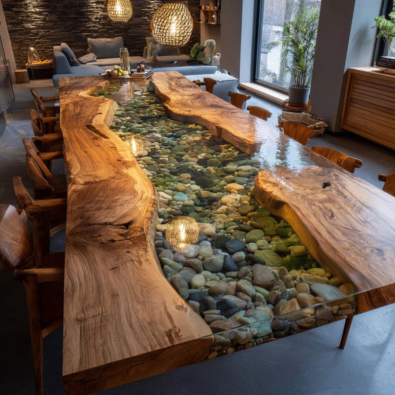 Pu&ograve; includere: Un grande tavolo da pranzo su misura con un design unico. Il tavolo presenta un piano in legno a bordo vivo con un fiume di resina trasparente pieno di pietre. Le sedie in legno circondano il tavolo, illuminato da lampade a sospensione.