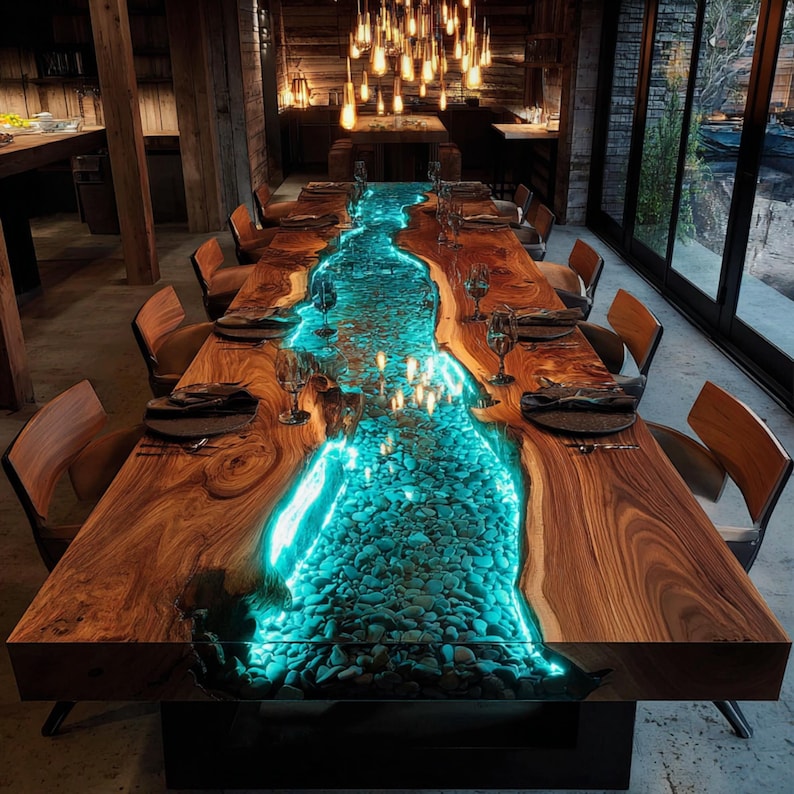 May include: A long, wooden dining table with a river-like design. The center of the table is filled with blue-lit stones, creating a unique visual effect. The table is surrounded by chairs and set with plates and glasses, ideal for a dining room.
