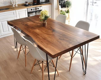 Custom Live Edge Walnut Dining Table, Solid Wood Rustic Kitchen Table
