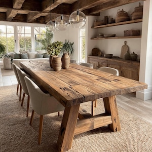 May include: A rustic wooden dining table with a natural finish, featuring a trestle base and seating for multiple people. The table is surrounded by neutral-toned chairs and set on a woven rug. Overhead, three glass pendant lights illuminate the space, creating a warm and inviting atmosphere.