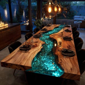 May include: A large, custom-made dining table with a unique river design. The table features a live-edge wooden surface with a central channel filled with glowing blue resin and embedded stones. The table is approximately 120 inches long and seats multiple people.