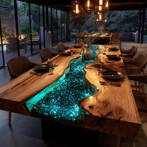 May include: A large, custom-made dining table with a unique river design. The table features a live-edge wooden surface with a central channel filled with glowing blue stones. The table is set with plates, glasses, and silverware, ready for a meal.