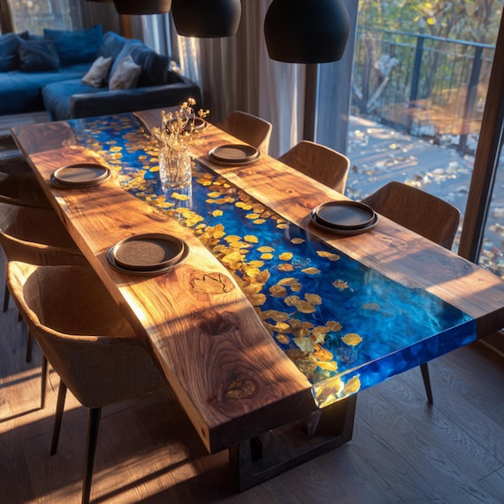 Handmade Live Edge Wood Epoxy Dining Table, Custom Resin River Table