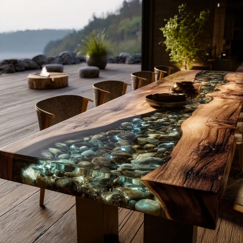 Pu&ograve; includere: Un tavolo da pranzo in legno su misura con un fiume di pietre incastonate in resina trasparente. Il tavolo ha un bordo in legno naturale ed &egrave; sostenuto da una base marrone scuro. Sedie in vimini circondano il tavolo. Il tavolo &egrave; lungo circa 200 cm.