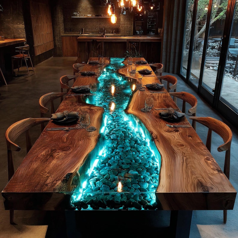 May include: A long, custom-made dining table with a river-like design. The table features a live edge wooden surface with a central channel filled with blue-lit stones. Wooden chairs surround the table, creating a unique and elegant dining experience.